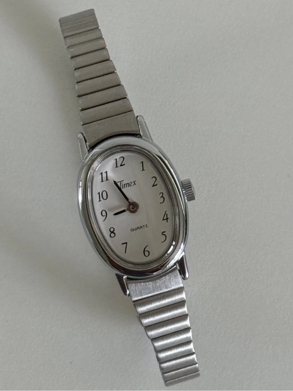 Timex Womens Oval Silver Tone Stainless Stretch Bracelet **Needs New Battery